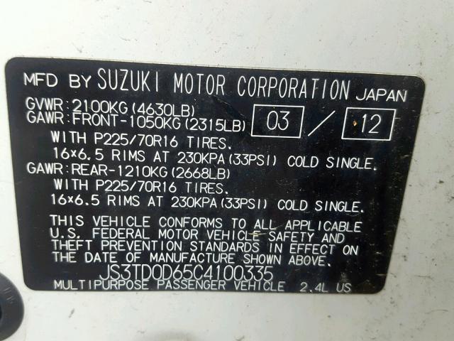 JS3TD0D65C4100335 - 2012 SUZUKI GRAND VITA WHITE photo 10