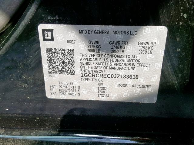 1GCRCREC0JZ133618 - 2018 CHEVROLET SILVERADO BLACK photo 10