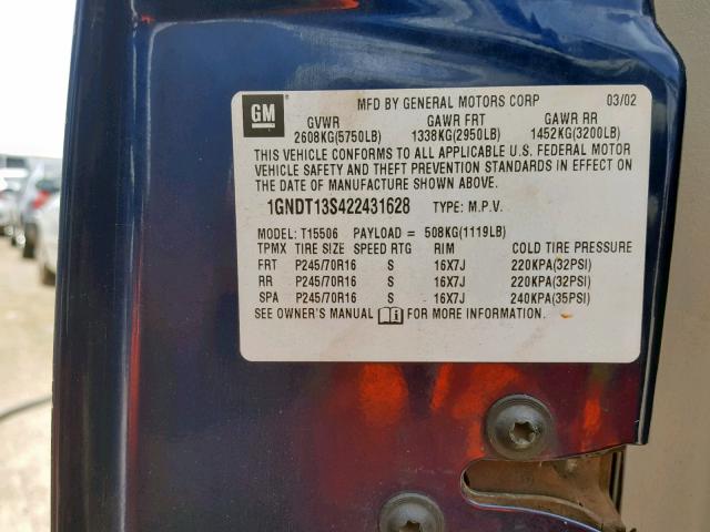 1GNDT13S422431628 - 2002 CHEVROLET TRAILBLAZE BLUE photo 10