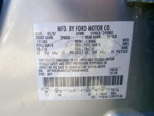 2FMDK49C07BA84602 - 2007 FORD EDGE SEL P SILVER photo 10