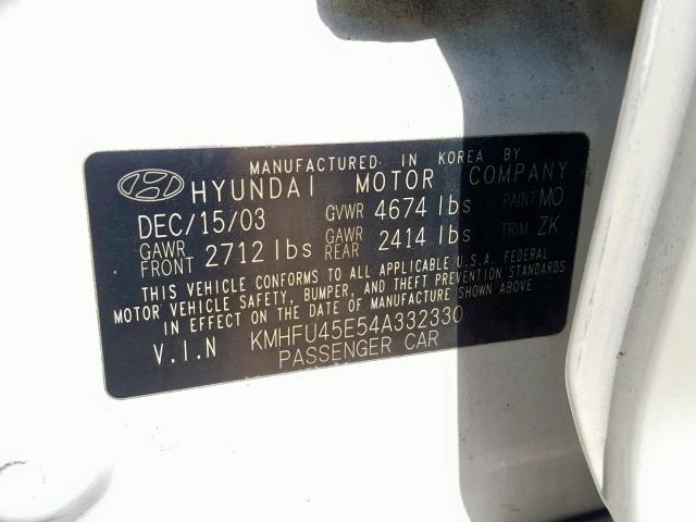 KMHFU45E54A332330 - 2004 HYUNDAI XG 350 WHITE photo 10