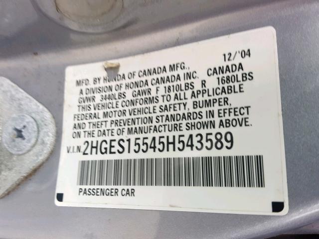 2HGES15545H543589 - 2005 HONDA CIVIC LX SILVER photo 10