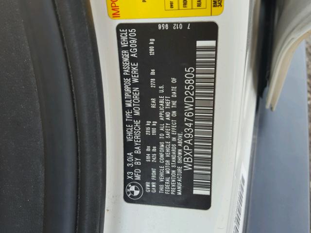 WBXPA93476WD25805 - 2006 BMW X3 3.0I WHITE photo 10