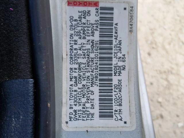 JTHBD182410016291 - 2001 LEXUS IS 300 SILVER photo 10