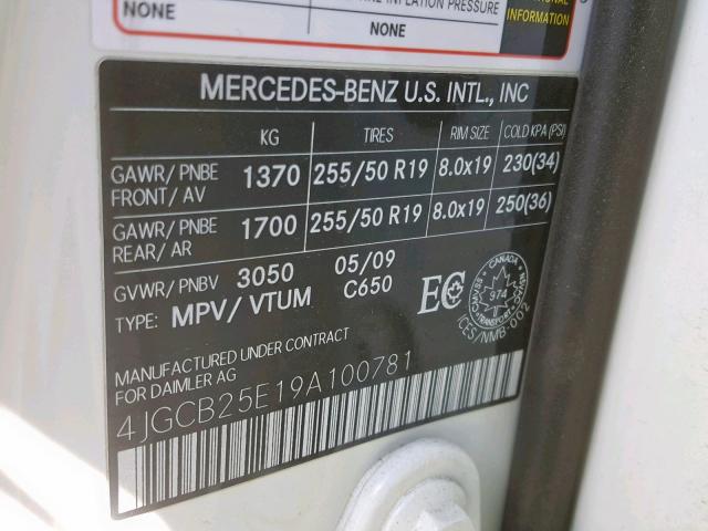 4JGCB25E19A100781 - 2009 MERCEDES-BENZ R 320 WHITE photo 10