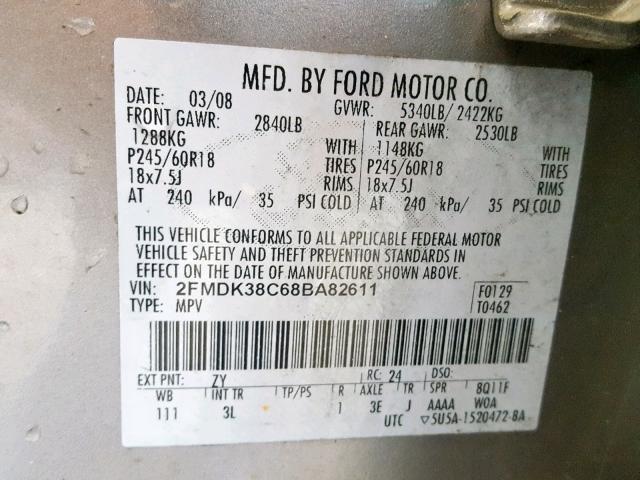 2FMDK38C68BA82611 - 2008 FORD EDGE SEL SILVER photo 10