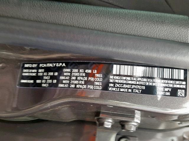 ZACCJBAB7JPH76319 - 2018 JEEP RENEGADE S GRAY photo 10