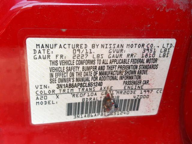 3N1AB6AP8CL651240 - 2012 NISSAN SENTRA 2.0 RED photo 10