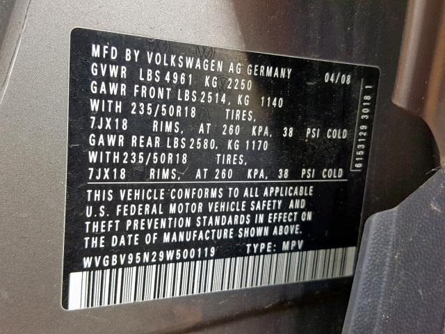 WVGBV95N29W500119 - 2009 VOLKSWAGEN TIGUAN SE GRAY photo 10