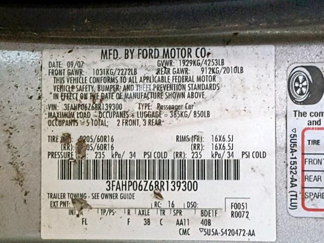 3FAHP06Z68R139300 - 2008 FORD FUSION S SILVER photo 10