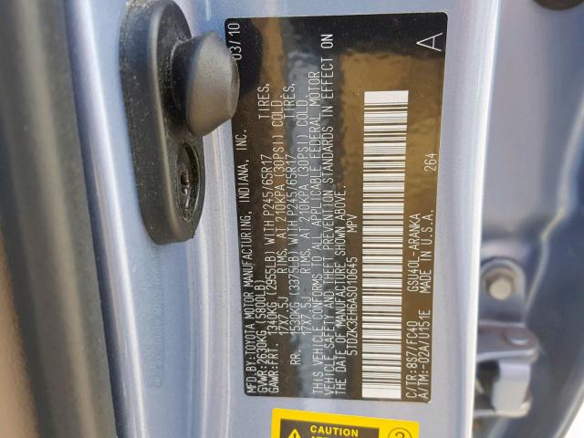 5TDZK3EH6AS010645 - 2010 TOYOTA HIGHLANDER BLUE photo 10