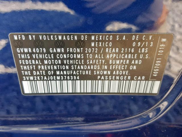 3VW2K7AJ0EM376394 - 2014 VOLKSWAGEN JETTA BASE GREEN photo 10