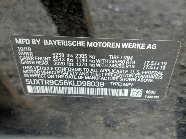 5UXTR9C56KLD98039 - 2019 BMW X3 XDRIVE3 BLACK photo 10