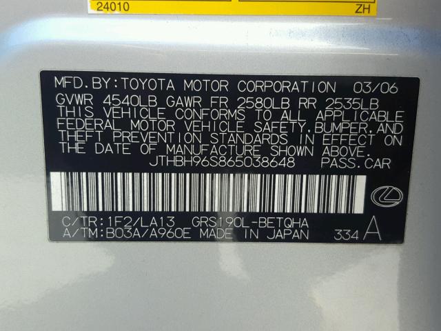 JTHBH96S865038648 - 2006 LEXUS GS GENERAT SILVER photo 10