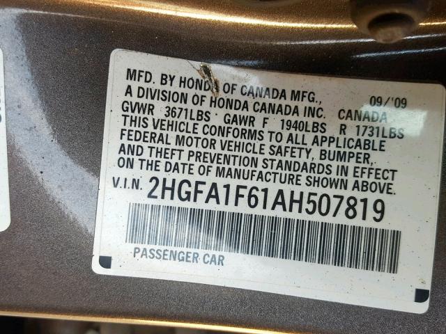 2HGFA1F61AH507819 - 2010 HONDA CIVIC LX-S 灰色 照片 10