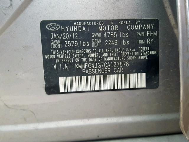 KMHFG4JG7CA127878 - 2012 HYUNDAI AZERA GLS GRAY photo 10