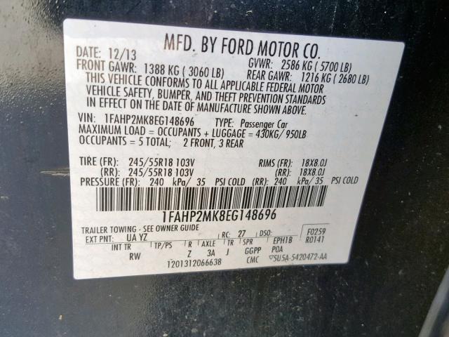 1FAHP2MK8EG148696 - 2014 FORD TAURUS POL BLACK photo 10