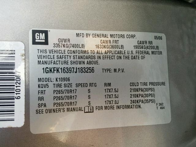 1GKFK16397J183256 - 2007 GMC YUKON XL K GRAY photo 10