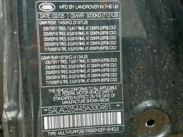 SALAD25445A330461 - 2005 LAND ROVER LR3 SE BLACK photo 10