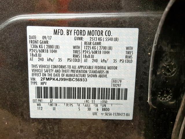 2FMPK4J99HBC56933 - 2017 FORD EDGE SEL GRAY photo 10