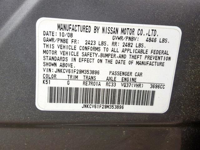 JNKCV61F29M353896 - 2009 INFINITI G37 GRAY photo 10