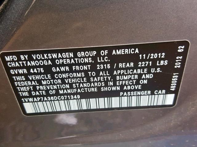 1VWAP7A36DC071349 - 2013 VOLKSWAGEN PASSAT S GRAY photo 10