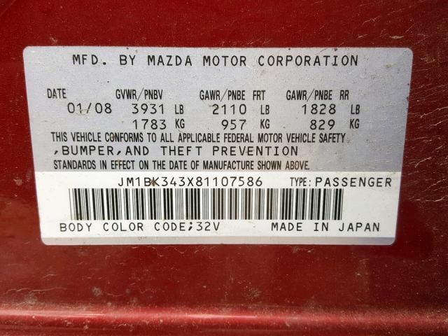 JM1BK343X81107586 - 2008 MAZDA 3 HATCHBAC RED photo 10