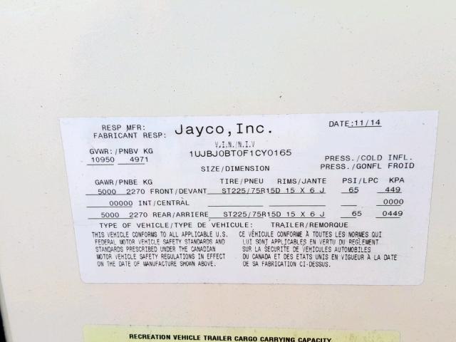 1UJBJ0BT0F1CY0165 - 2015 JAYCO EAGLE  BEIGE photo 10