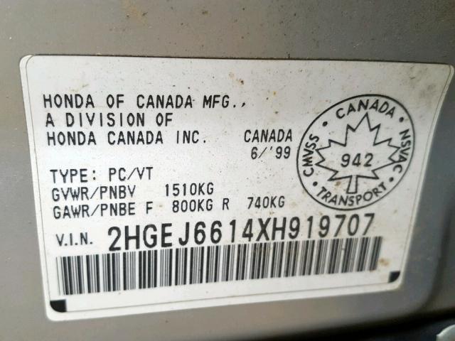 2HGEJ6614XH919707 - 1999 HONDA CIVIC BASE SILVER photo 10