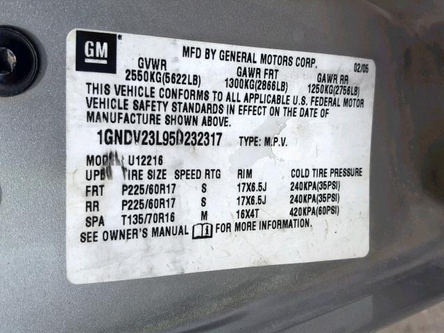 1GNDV23L95D232317 - 2005 CHEVROLET UPLANDER L 银色 照片 10