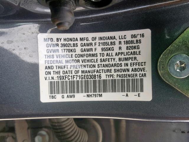 19XFC1F71GE030816 - 2016 HONDA CIVIC EXL ვერცხლისფერი ფოტო 10
