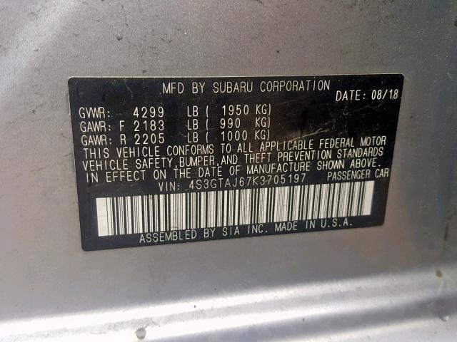 4S3GTAJ67K3705197 - 2019 SUBARU IMPREZA SP SILVER photo 10