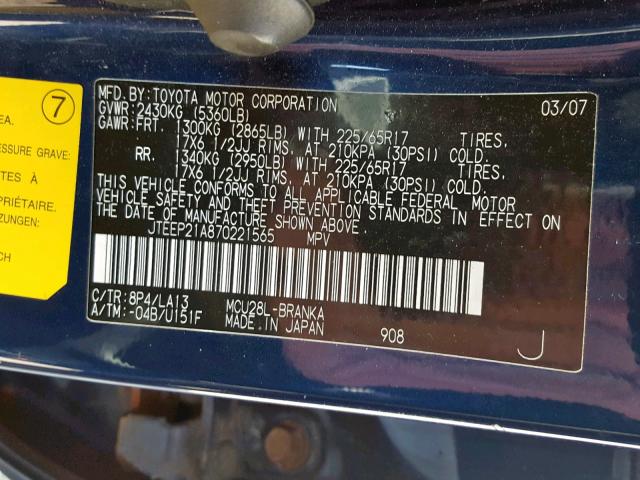 JTEEP21A870221565 - 2007 TOYOTA HIGHLANDER BLUE photo 10