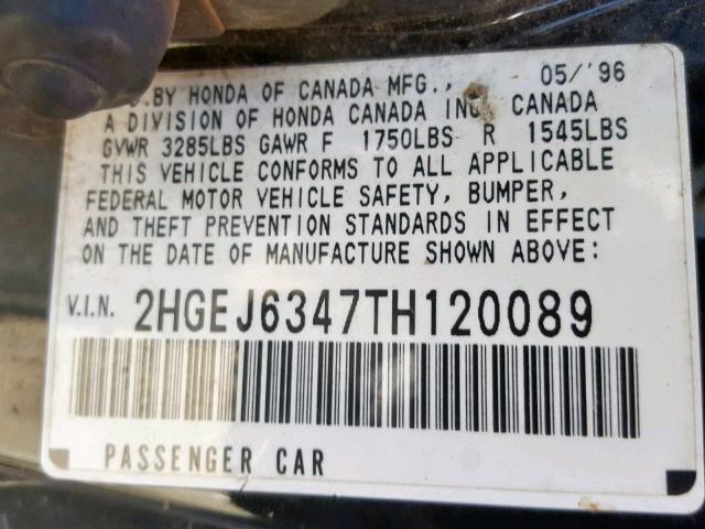 2HGEJ6347TH120089 - 1996 HONDA CIVIC DX BLACK photo 10