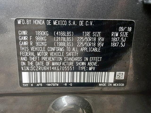 3CZRU6H14KG705551 - 2019 HONDA HR-V SPORT CHARCOAL photo 10