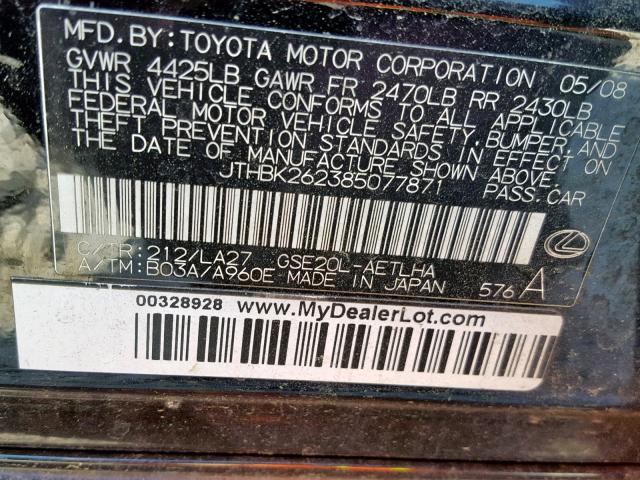 JTHBK262385077871 - 2008 LEXUS IS 250 BLACK photo 10