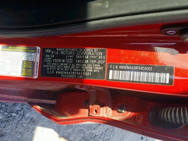 KNADN4A38F6459301 - 2015 KIA RIO EX RED photo 10