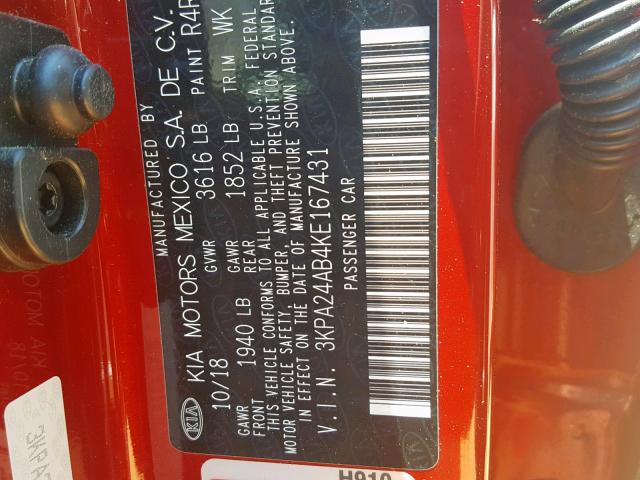 3KPA24AB4KE167431 - 2019 KIA RIO S RED photo 10