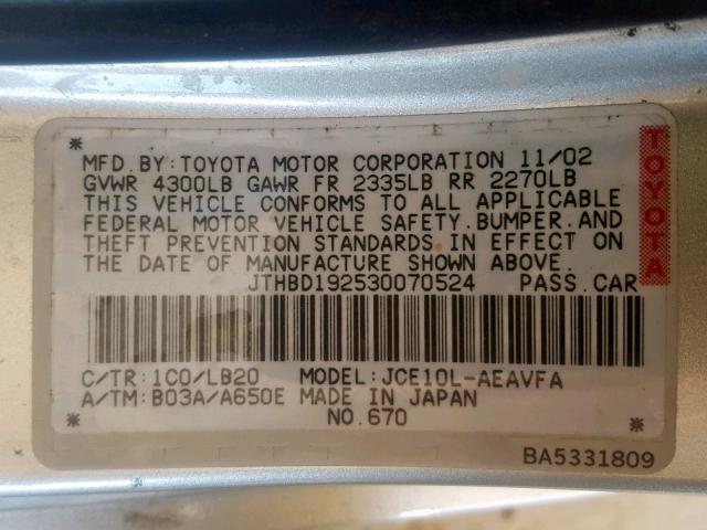 JTHBD192530070524 - 2003 LEXUS IS 300 SILVER photo 10