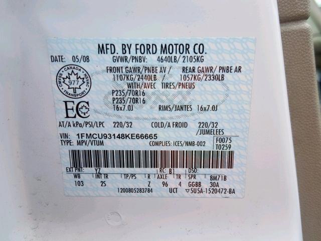 1FMCU93148KE66665 - 2008 FORD ESCAPE XLT WHITE photo 10