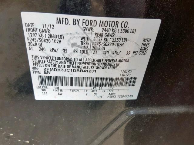 2FMDK3JC1DBB41231 - 2013 FORD EDGE SEL BLACK photo 10