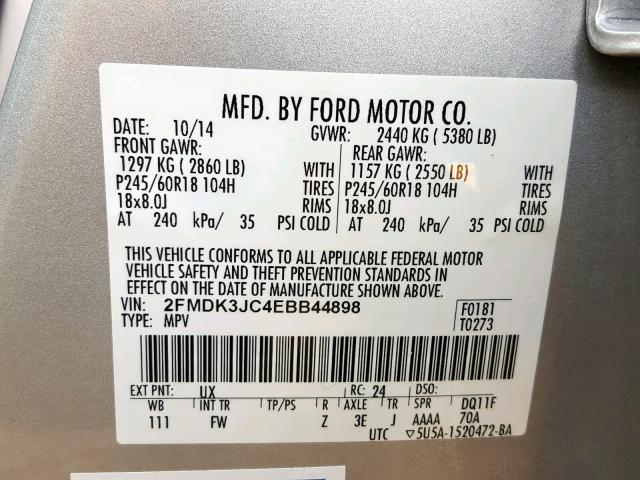 2FMDK3JC4EBB44898 - 2014 FORD EDGE SEL SILVER photo 10