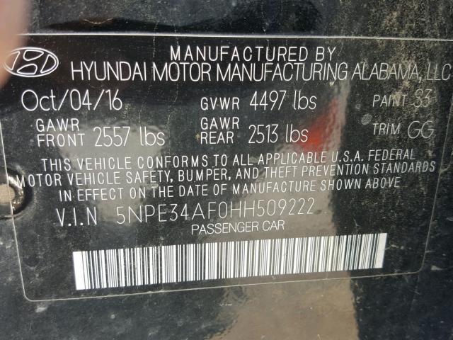 5NPE34AF0HH509222 - 2017 HYUNDAI SONATA SPO BLACK photo 10