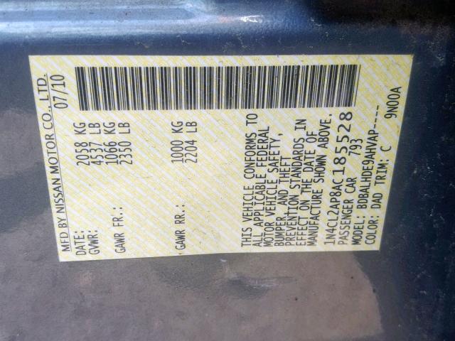 1N4CL2AP8AC185528 - 2010 NISSAN ALTIMA HYB GRAY photo 10