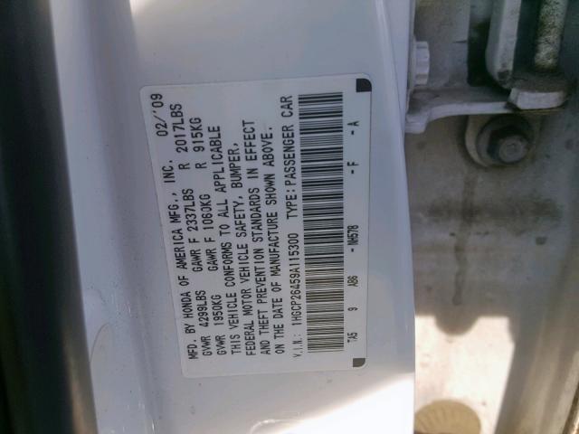 1HGCP26459A115300 - 2009 HONDA ACCORD LXP WHITE photo 10