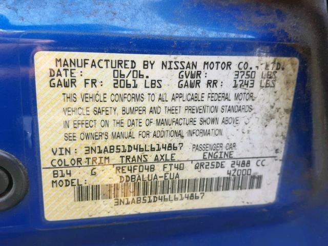 3N1AB51D46L614867 - 2006 NISSAN SENTRA SE- BLUE photo 10