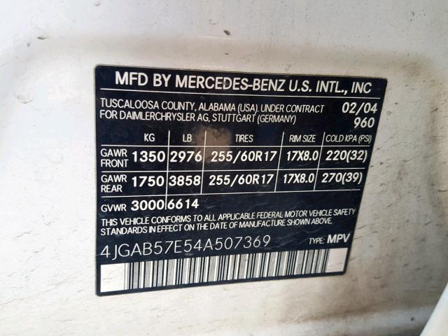 4JGAB57E54A507369 - 2004 MERCEDES-BENZ ML 350 WHITE photo 10