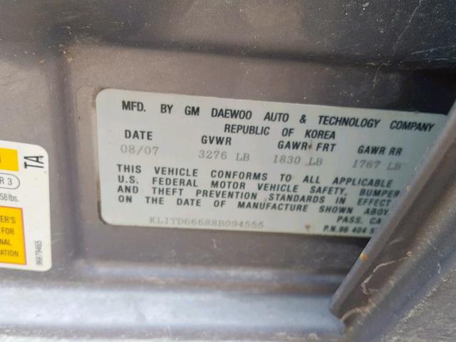 KL1TD66688B094555 - 2008 CHEVROLET AVEO BASE Қара фото 10