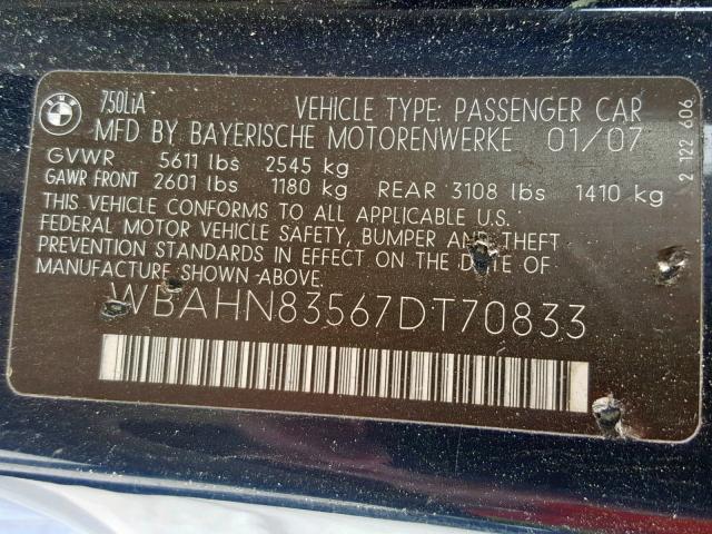 WBAHN83567DT70833 - 2007 BMW 750 BLUE photo 10