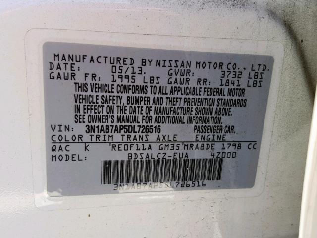 3N1AB7AP5DL726516 - 2013 NISSAN SENTRA S WHITE photo 10